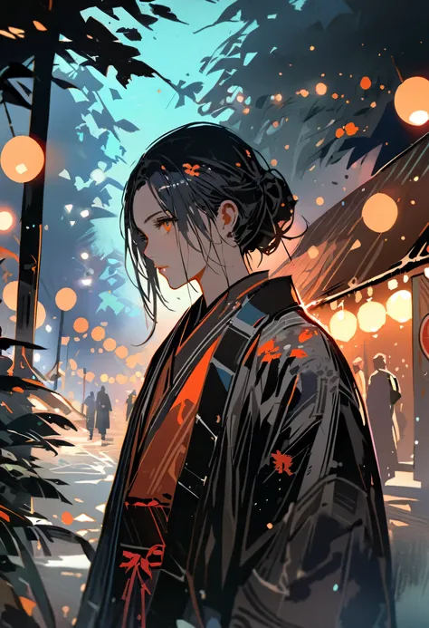 (Close-up shot:1.5), Japanese Samurai, Night forest glade background, (evening), moonlight, Bokeh, (Art by Jeremy Mann and Edvard Munch), Beautiful composition, Complementary Color, masterpiece, Awards