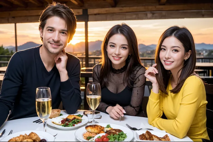 ((highest quality、8k、masterpiece:1.3))、1 male 1 female、Lovers、beautiful couple、Happy Smile、 (Slim face), (The body is スリム), (Brown Hair), (Shortcuts), ((Bob Hale、Straight hair:1.2)), テーブルの上のwine glass、Please put light on my face、 Amazing view of the sunset...