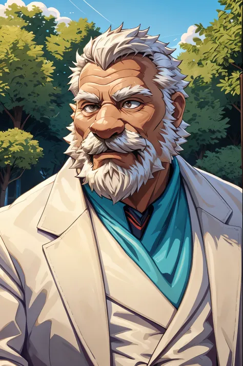 (vector:2.0, mwvector), a (portrait) of muscular old man in park, beard, happy, summer, suits, detailed vector, high detail, hal...