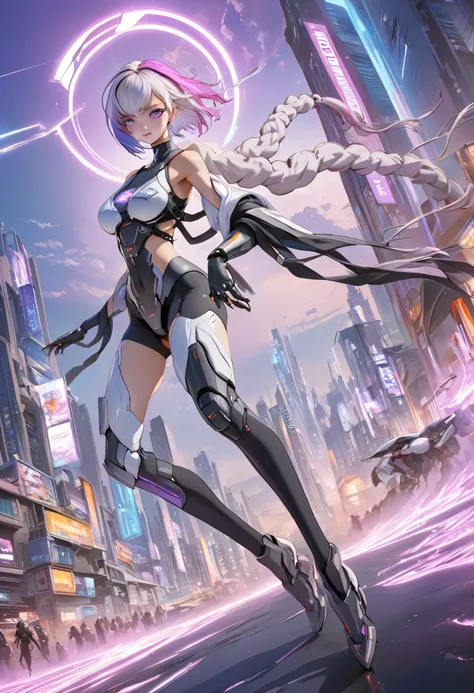 Full body image, (Very detailed CG unified 16k wallpaper:1.1), (Denoising Strength: 1.45), cryptic_g,Beautiful and delicate eyes,  Mecha coverage, Dark purple with white hair, Fluorescent violet, rose red eyes, Beautiful and detailed cyberpunk city with a ...