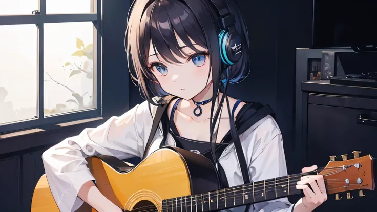 A girl wearing headphones is playing a classical guitar in a dark room。