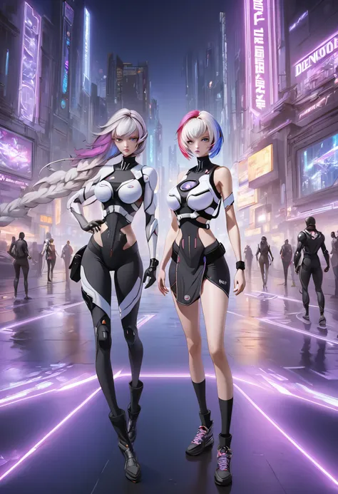 (Full body image:1.5), (Very detailed CG unified 16k wallpaper:1.1), (Denoising Strength: 1.45), cryptic_g,（Beautiful and delicate eyes）,  Dark purple with white hair, Fluorescent violet, rose red eyes, Beautiful and detailed cyberpunk city, Colorful hair,...