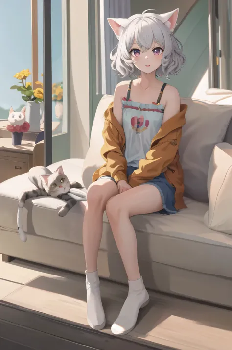 masterpiece, highest quality, High resolution, Neferpitou 1, Cat ear, (Cat&#39;s Tail:0.6), alone, short hair, Red eyes, Long sleeve, Hair between the eyes, :3, Curly Hair, Striped, Cat girl, button, Striped shorts, town, Leaning forward, Hands on hips,