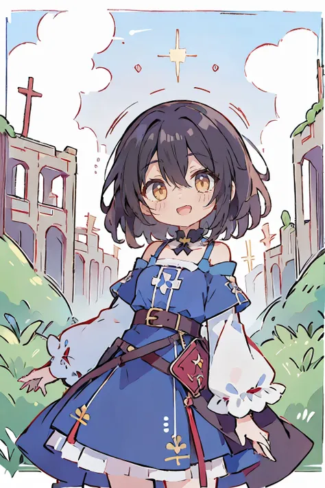 Hui Xiyi, Rekkyo Sensen, fantasy world, ruins, fort, beautiful sky, shining sky, sunshine, camisoles, belts, blue clothes, cross choker, wind blowing dress, lace dress, off-shoulder sleeves