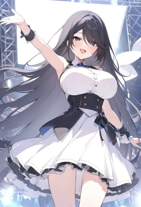 black eyes ,black hair, long hair, hairband,, large breasts,, live stage, solo,