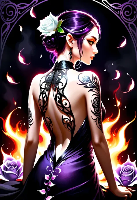 Arafed, Dark fantasy art, fantasy art, goth art, a picture of a tattoo on the back of a female elf, a glowing tattoo of a ((white rose: 1.3)) on the elfs back, the ((rose tattoo)) is vivid, intricate detailed coming to life from the ink to real life, Glowi...