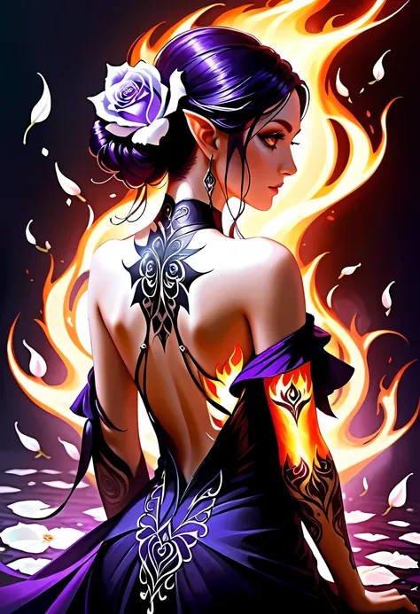 arafed, dark fantasy art, fantasy art, goth art, a picture of a tattoo on the back of a female elf, a glowing tattoo of a ((whit...