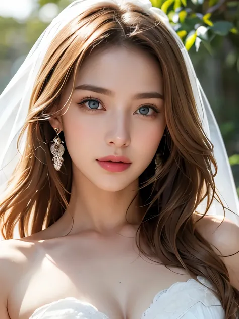 Bridal Veil, Lace Trim Dresses, Wedding dress, Outdoor,  Very detailed,、(((masterpiece)))、((highest quality))、((超Realistic))、Best image quality、Fine-grained image quality、beautiful、European, woman, Italian、Bronze Hair、Golden Hair、jewelry, blue eyes, Realis...