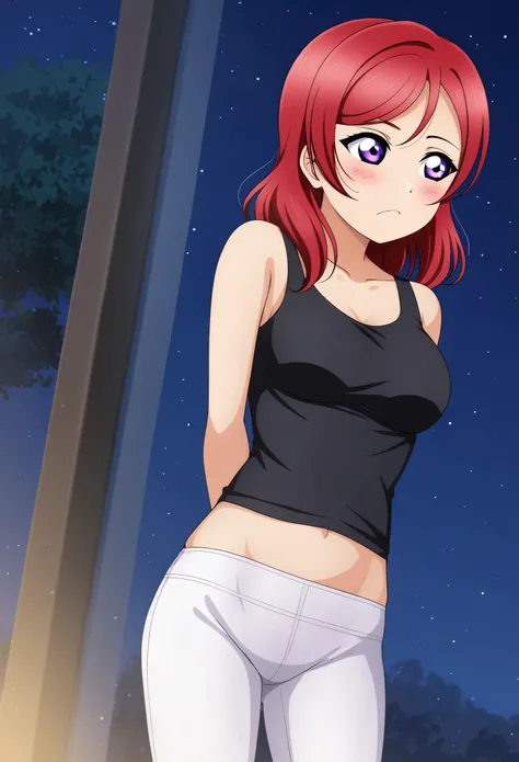 Masterpiece, best quality,solo, nishikino maki,red hair ,purple eyes, cowboy shot , medium breasts, love live style, black tank top, white pants, standing ,in streat, night, bored, arms behind back,embarrassed, looking away , exposed crotch ,half midriff e...