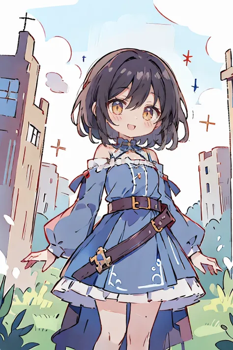 Hui Xiyi, Rekkyo Sensen, fantasy world, ruins, fort, beautiful sky, shining sky, sunshine, camisoles, belts, blue clothes, cross choker, wind blowing dress, lace dress, off-shoulder sleeves, white thighs