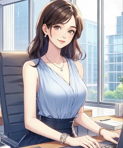 1lady sitting, office worker, (office casual) stylish outfit, sleeveless, mature female, /(dark brown hair/) swept bangs, kind smile, (masterpiece best quality:1.2) delicate illustration ultra-detailed, large breasts BREAK (modern office) indoors, noon, de...