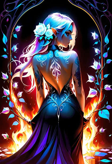 arafed, dark fantasy art, fantasy art, goth art, a picture of a tattoo on the back of a female elf, a glowing tattoo of a ((whit...