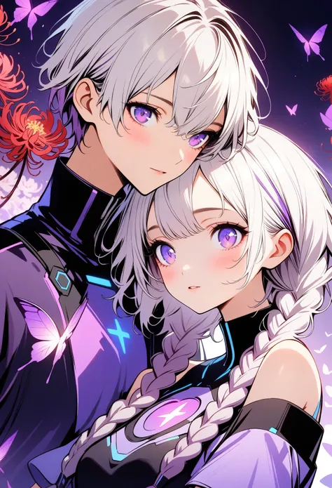 Couple，Half-length portrait， Purple Eyes，Bright Eyes，(((Girl white hair-purple-2-long braids)))，(((Boys short hair，)))。High collar off-shoulder short sleeves，Blue round glow on chest，Tech-inspired clothing，Red spider lily，Red chrysanthemum，Surrounded by sw...