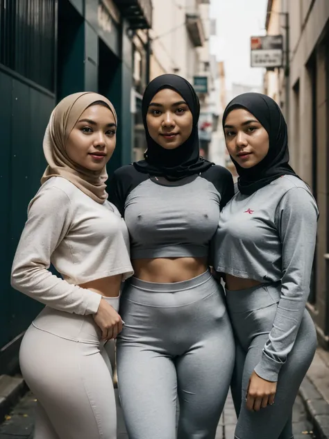 
(3girls:1.2), (upper body photo),“Three Indonesian Muslim women, each 165cm tall, standing side by side in an empty alley. The woman wearing the white hijab is 60 years old and has a curvy, full-figured body shape. The 35-year-old woman in the middle also...