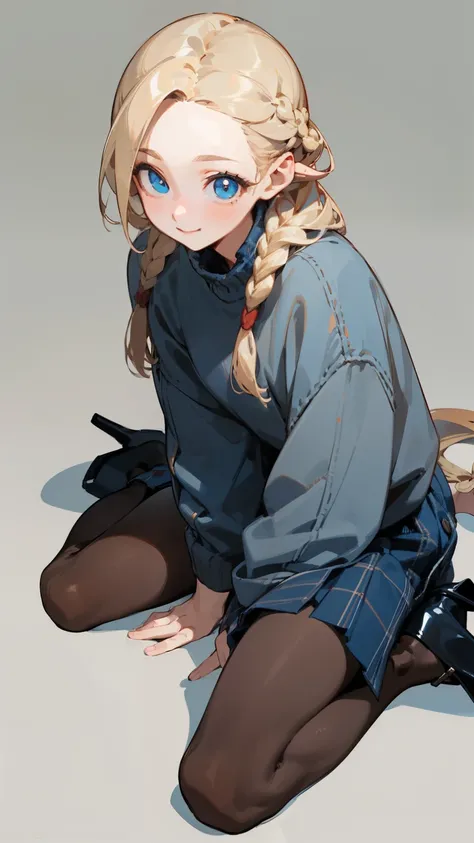 (masterpiece), ((best quality)), (super detailed), (beautiful eyes beautiful details eyes, Clean and delicate face), (whole body, wariza), Single Braided blonde pony tail, parted bangs, forehead, blue eye, smile, wearing sweater and plaid pleated skirt, pa...