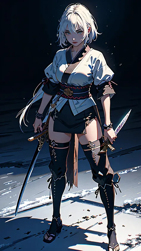 masterpiece, highest quality, (Highly detailed CG Unity 8k wallpaper), (highest quality), (Best illustrations), (Best Shadow),Female Swordsman, 28 years old, Japanese sword, stance,moonlight, snow, chaos,