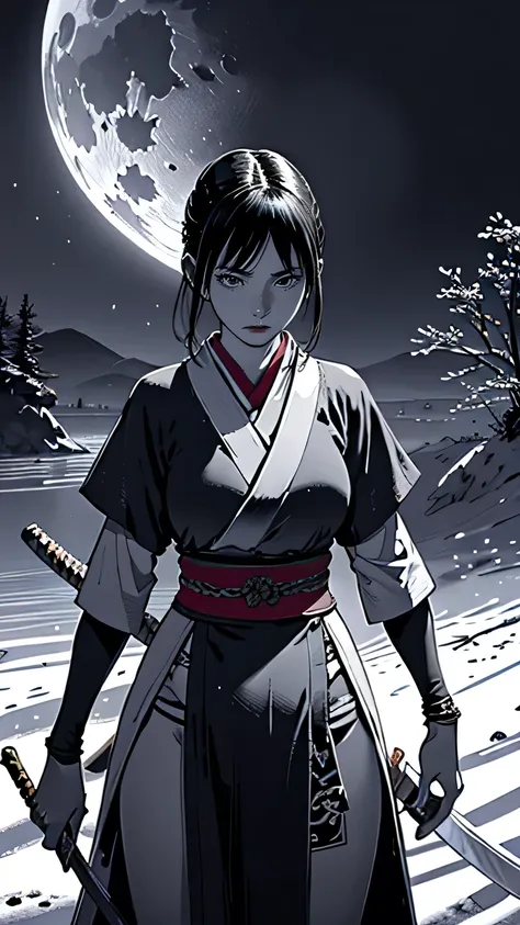 masterpiece, highest quality, (Highly detailed CG Unity 8k wallpaper), (highest quality), (Best illustrations), (Best Shadow),Female Swordsman, 28 years old, Japanese sword, stance,moonlight, snow, chaos,