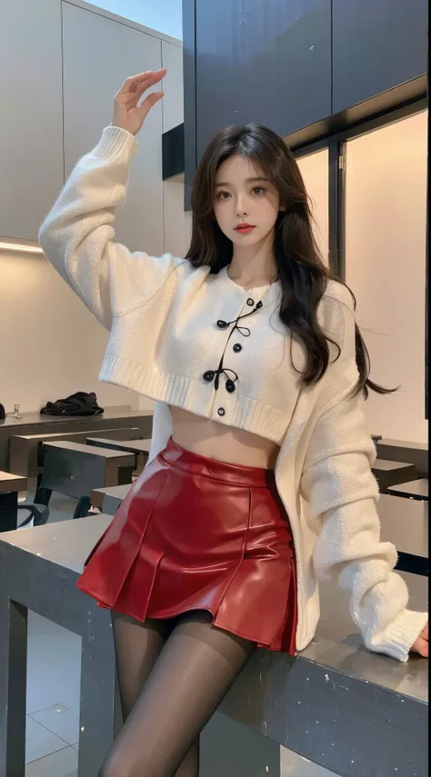 1girl,short skirt,Two piece fashionable outfit, ((masterpiece, 32k,8K,wallpaper, high resolution, Ridiculous resources,RAW photos,)),(realistically:1.5),(Light),(Detailed fingers),(High Detail Skin:1.Red Eyes),1個Giant Breast Girl,Solitary, Winters, Yuki, L...
