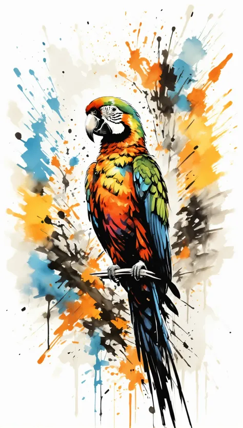 Vector Art, Colorful illustration with many parrots, In the center, Vibrant colors,Graffiti Art,ink splatter,Wild and unrestrained,rich and colorful,visual impact,Modern aesthetic super detailed,