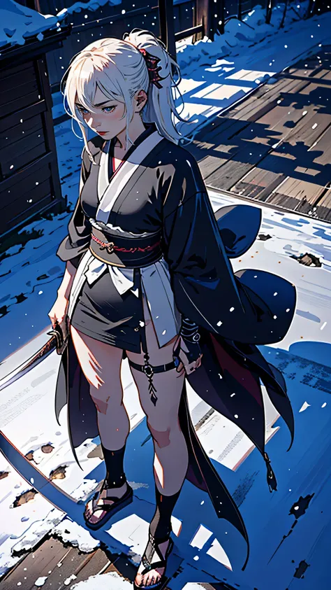 masterpiece, highest quality, (Highly detailed CG Unity 8k wallpaper), (highest quality), (Best illustrations), (Best Shadow),Female Swordsman, 28 years old, Japanese sword, stance,moonlight, snow, chaos,