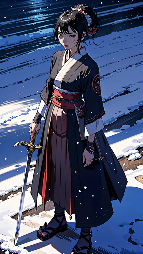 masterpiece, highest quality, (Highly detailed CG Unity 8k wallpaper), (highest quality), (Best illustrations), (Best Shadow),Female Swordsman, 28 years old, Japanese sword, stance,moonlight, snow, chaos,