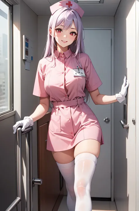 1woman, solo, nurse, white nurse cap, white nurse uniform, ((white legwear, zettai ryouiki)), white gloves, long hair, purple hair, red eyes, pink lips, smile, standing, ((hospital room)), sharp outline, short sleeves, mature female, 35 years old, best qua...