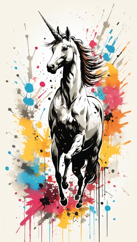 Vector Art, Colorful illustration with cartoon unicorn, In the center, Vibrant colors,Graffiti Art,ink splatter,Wild and unrestrained,rich and colorful,visual impact,Modern aesthetic super detailed