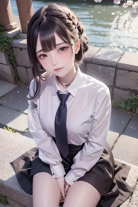 (masterpiece、highest quality、High resolution、8K)、Intricate details、(uniform)、(Long sleeve、White shirt、Navy blue tie、Grey sweater)、mini skirt、pretty girl、17 years old、Detailed face、Detailed eyes、Dark red lips、Moist eyes、Moist lips、smile、The corners of the m...