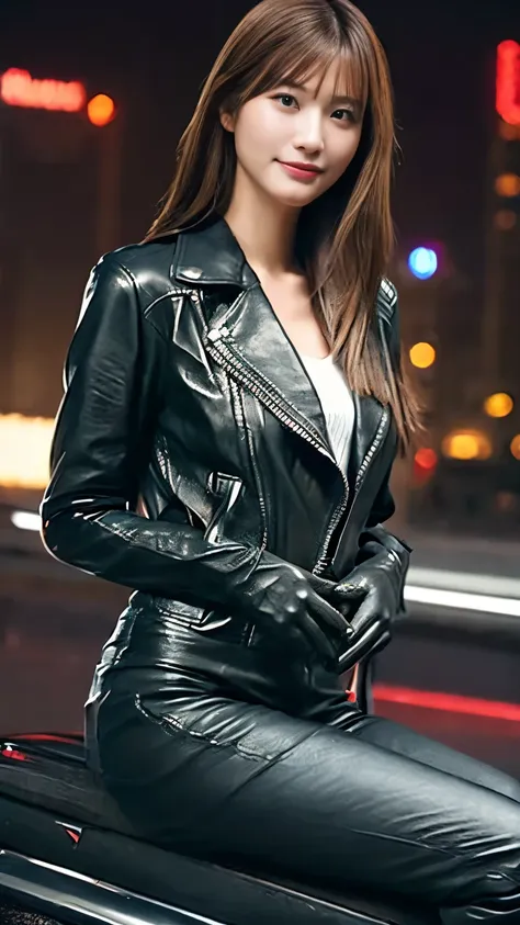 black leather rider jacket, office in the dark, black leather gloved fingertips on both hands,wearing black leather gloves,sitti...