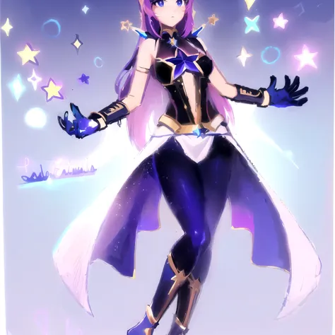 un dibujo de una mujer disfrazada con una capa y una estrella, inspirado en Li Chevalier, Inspired by Star Guardian, celda sombreada!!!, celda sombreada!!!, la galaxia marinera. Hermoso, fanart exquisito muy detallado, Hermoso celestial mage, bruja del cie...