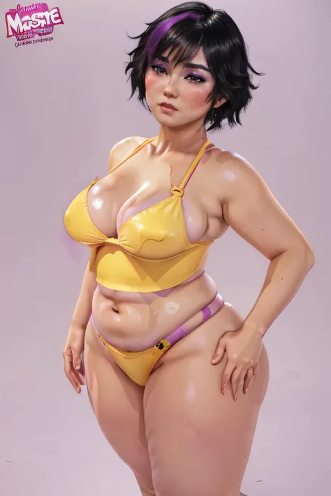 (masterpiece), (photorealistic), (8k wallpaper), (best quality), perfect quality, solo, (detailed eyes), girl, Gogo Tomago, part-purple hair, very beautiful, young, pose: (sexy pose, ashamed), face : (young, ((blushed)), ((crying)), ((red cheeks)), (round ...