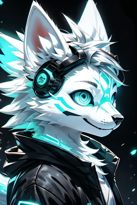 Young werewolf, White fur, Wearing a black jacket with neon details, Wearing a mechanical mask, With gaming headset, Profile picture, Face close-up high quality, The art of math, , HD 4K realism, ((clear structural details)), Meticulous and pragmatic, deli...