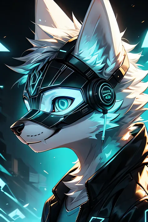 young werewolf, white fur, wearing a black jacket with neon details, wearing a mechanical mask, with gaming headset, profile pic...