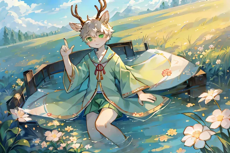 A white deer，Green pupils，antlers，桃flower树，飘落的桃flower，粉色的flower瓣，grassland，Sunlight，Blue sky，White Cloud，Lovely，Shota，Green Clothing，手捧flower束，personal，For the audience，flower，Romantic，flower瓣漫天飘落，river，shawl，Hanfu，Chinese traditional clothing，Rural scener...