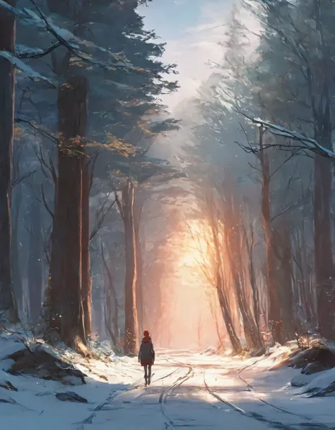 a close up of a person walking on a snowy path in the woods, concept art by sylvain sarrailh, Artstation, conceptual art, snowy. by makoto shinkai, ross tran. scenic background, beautiful anime scene, winter concept art, beautiful anime scenery, beautiful ...