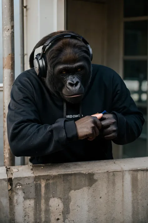 Gorilla with sweatshirt and headphones 