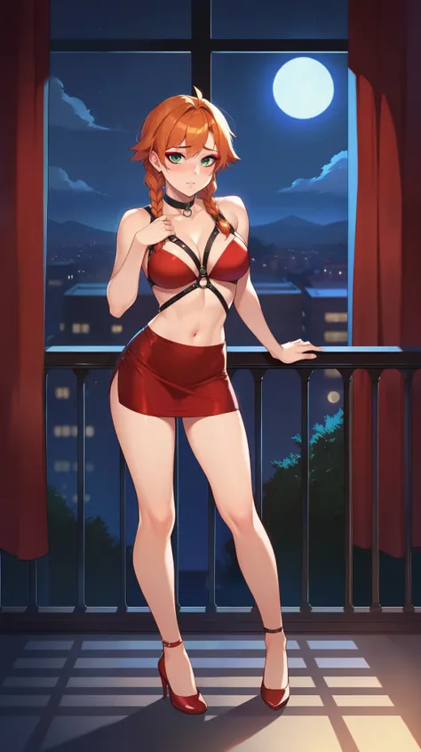 score_9, score_8_up, score_7_up, ginger hair, pigtails, braided pigtails, freckles, pale  green eyes, red eyeshadow, 1girl, solo, balcony, no bra, harness, high heels, short dress, gown, night, night time, moonlight, indoors, fancy, bedroom, tomboy, shy, b...