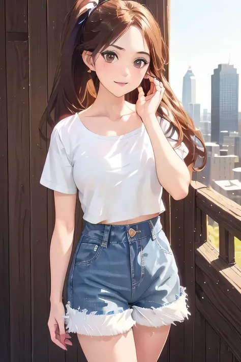 One girl, Long light brown hair, Brown eyes, Wearing a plain white shirt, Denim shorts, city, Absurd, High resolution, Super sharp, 8k, masterpiece, View Viewer, ponytail