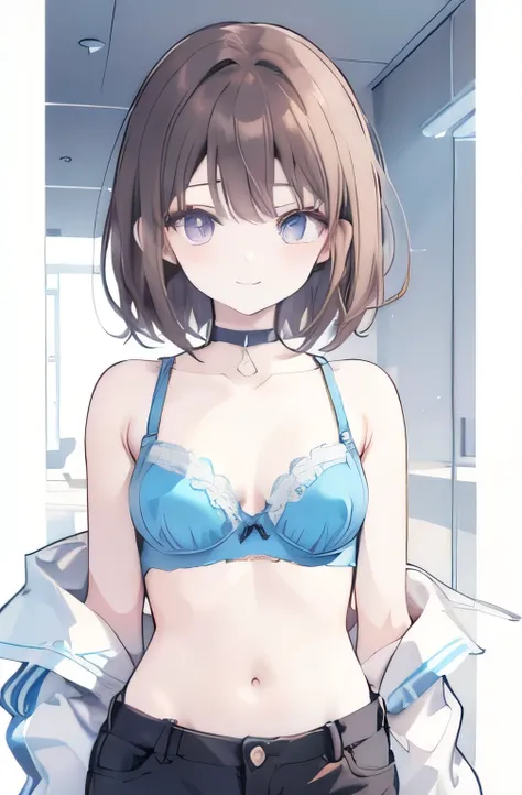 1girl, anime_coloring, black_eyes, brown_hair, choker, short_hair, smile, solo, style_parody, / blue_bra, blue_panties