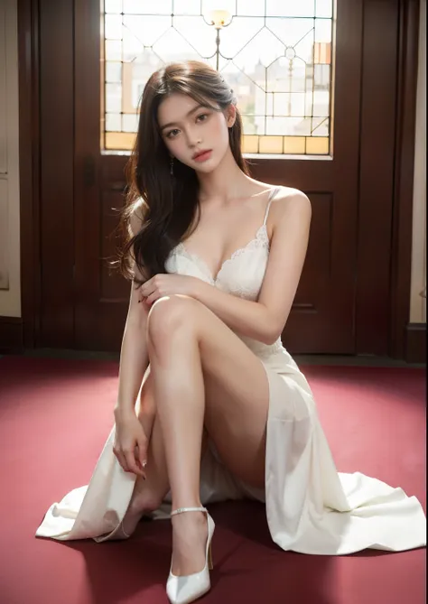 Beautiful 25 year old tall and slender woman。perfect legs. perfect face. She is fashion model. She is staying in the old classic church. She is wearing a wedding dress that a leg is visible. She is illuminated by sunset light. the evening church lights is ...