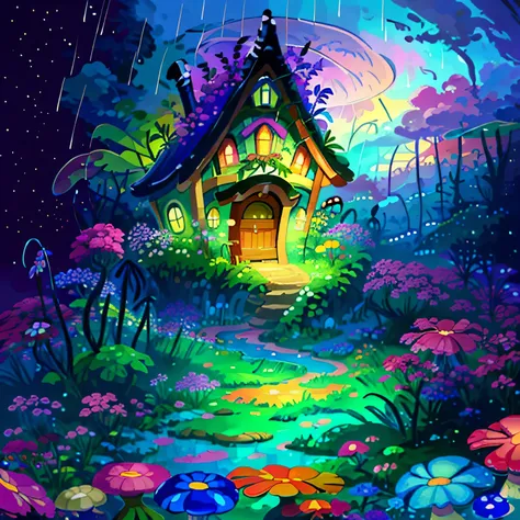 (Swirling clouds and colorful flowers), (Wild Firefly Fantasy Mushroom House), (Midnight), (Unusual), (Mysterious)、rain、rain、rain、 dream-like, Disney, paint:Thomas Kinkade, Art Station, Sharp focus, Inspiring 8k wallpapers,