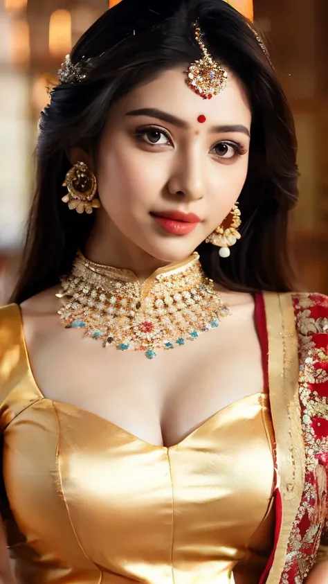 a woman in a sari posing for a picture, Bollywood goddess, traditional beauty, beautiful goddess, ornate cosplay, super model, beautiful maiden, gorgeous woman, provocative gorgeous beautiful woman, intricate outfit, hindu aesthetic, beautiful girl, extrem...