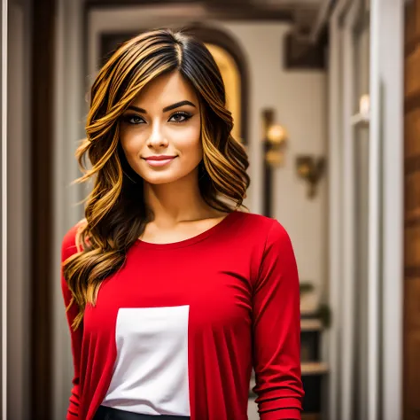 a woman in a red shirt posing for a picture