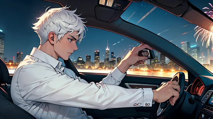 A young man with white hair driving a car　Holding the steering wheel with one hand　profile　short hair　Outside the car, fireworks at night