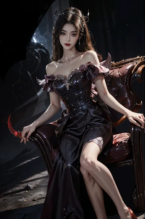 skirt, beautiful demon woman from hell, (in the darkness: 1.6), 大卫霍克尼和阿尔方斯穆夏的surrealism女性portrait, fantasy art, korean doll, pho...