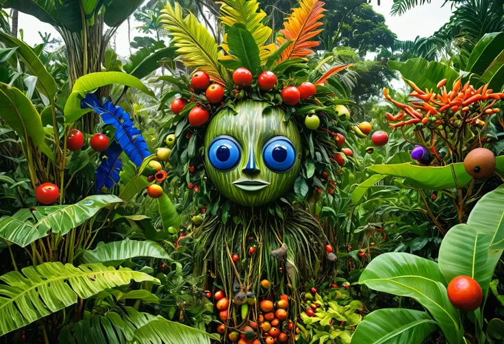 Anthropomorphic forest spirit in a garden full with uncanny plants imbued with sentience, with guarana type fruits looking like eyes, surrounded by colourful representations of m-RNA in a Brazilian Carnaval vibe full of scientific sophistication.