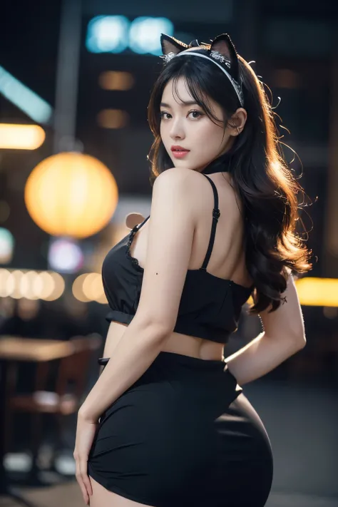 beautiful detailed eyes, beautiful detailed lips, extremely detailed eyes and face, long eyelashes, 1girl, korean, wearing cat ears bandana, wearing waiter black and white clothes, plump body type, thick thighs, black lege stocking, is looking back, standi...