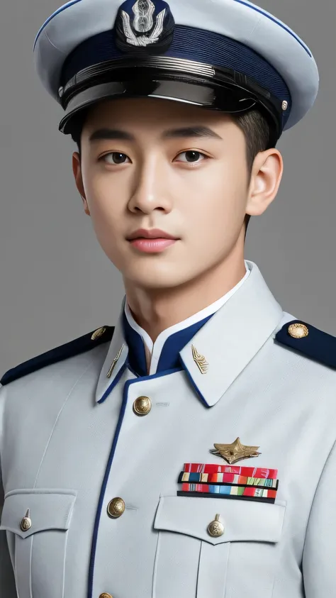 4k, (masterpiece), best quality,  2d, arafed man in a  posing for a picture, Wearing Uniform,, Embroidered uniform guard, Wearing military uniform, yanjun chengt, Dressed in full military white, officer, Unified background, Wearing a generalof，Close-up pho...