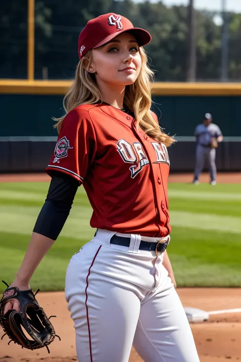 a gorgeous Hayden Panettiere, wavy blonde hair in the wind. shes a men magazine model, She has a subtle smile and flirts with the camera, (she wears a baseball uniform with full length pants and baseball cap:1.2), (she is a pitcher standing on the pitchers...