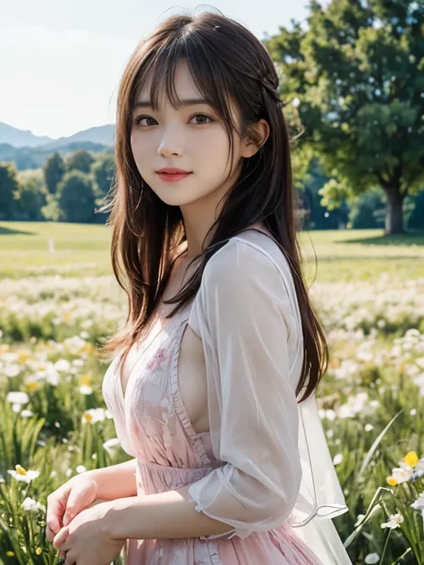 (Ultra-realistic), (Best illustrations), (Increase the resolution), (8k), (masterpiece), (wallpaper), alone, 1 girl, Looking at the audience, Brown long hair、See-through bangs、Pure Erotic Face Ace_v1, Smile, Light pink dress, Pasture、Flower Field